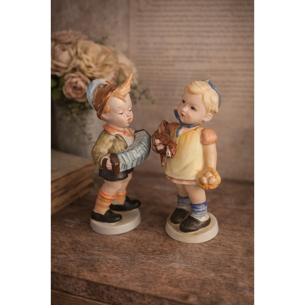 Vintage Japan Figurines Boy Girl Set Accordion Bird Mid Century Decor 8"